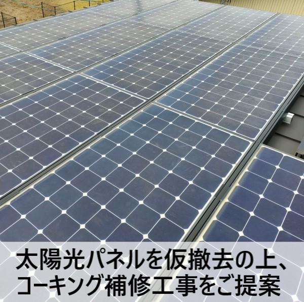 太陽光パネル金物から雨漏り　仮撤去の上、コーキング補修工事をご提案